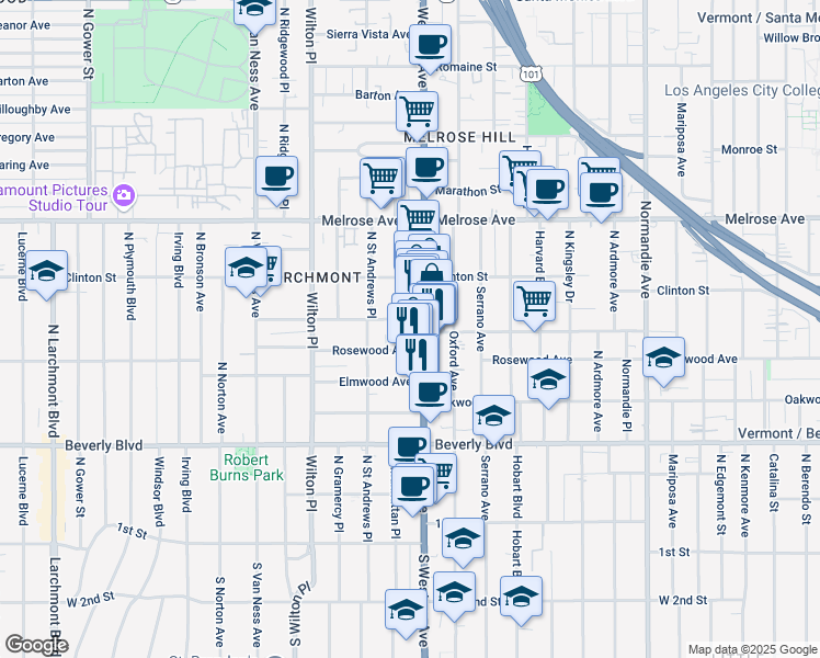 map of restaurants, bars, coffee shops, grocery stores, and more near 4914 West Maplewood Avenue in Los Angeles