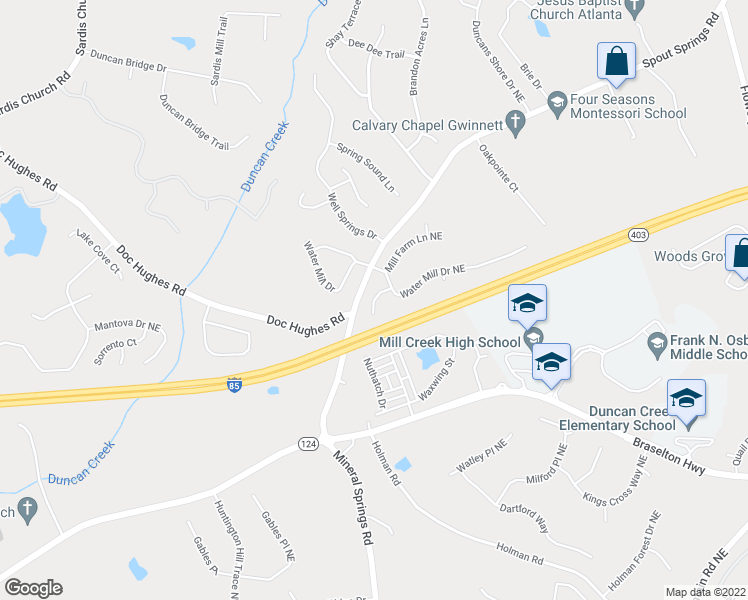 map of restaurants, bars, coffee shops, grocery stores, and more near 4251 Haywater Cove in Buford