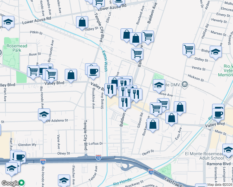 map of restaurants, bars, coffee shops, grocery stores, and more near 9911 Valley Boulevard in El Monte