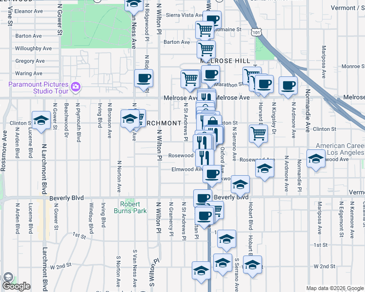 map of restaurants, bars, coffee shops, grocery stores, and more near 495 North Saint Andrews Place in Los Angeles