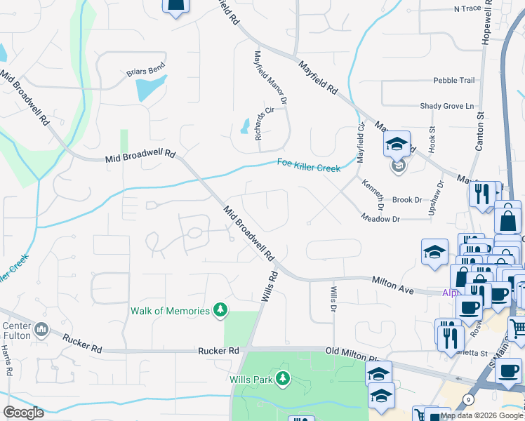map of restaurants, bars, coffee shops, grocery stores, and more near 1895 Broadwell Oaks Drive in Alpharetta