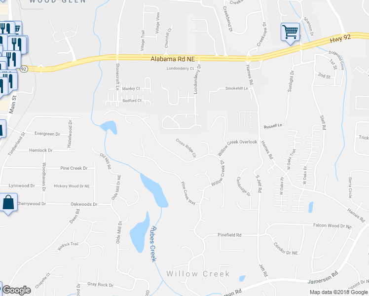 map of restaurants, bars, coffee shops, grocery stores, and more near 5205 Cross Ridge Circle in Woodstock