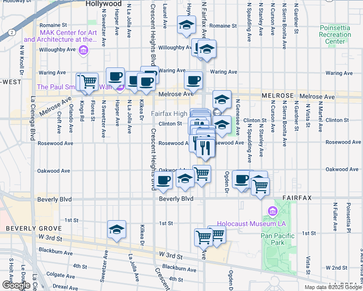 map of restaurants, bars, coffee shops, grocery stores, and more near 464 North Edinburgh Avenue in Los Angeles
