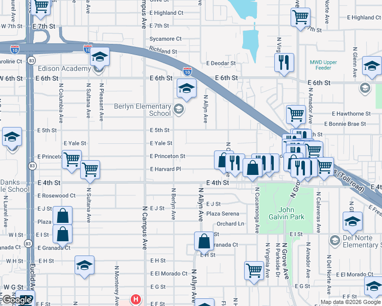 map of restaurants, bars, coffee shops, grocery stores, and more near 843 East Princeton Street in Ontario