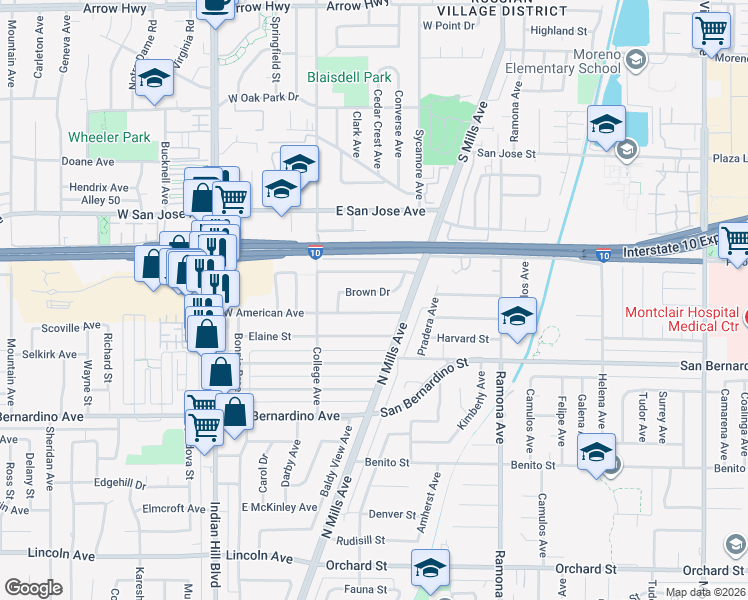 map of restaurants, bars, coffee shops, grocery stores, and more near 164 Brown Drive in Claremont