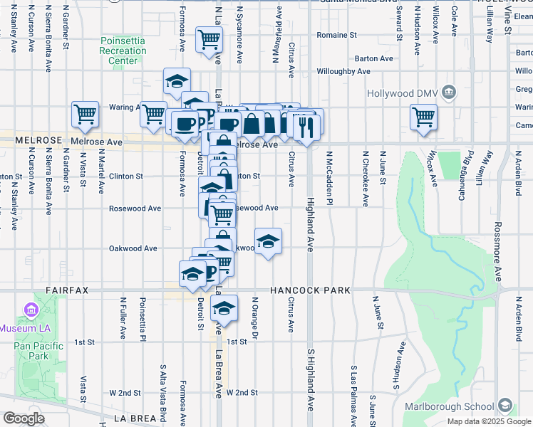 map of restaurants, bars, coffee shops, grocery stores, and more near 457 North Mansfield Avenue in Los Angeles