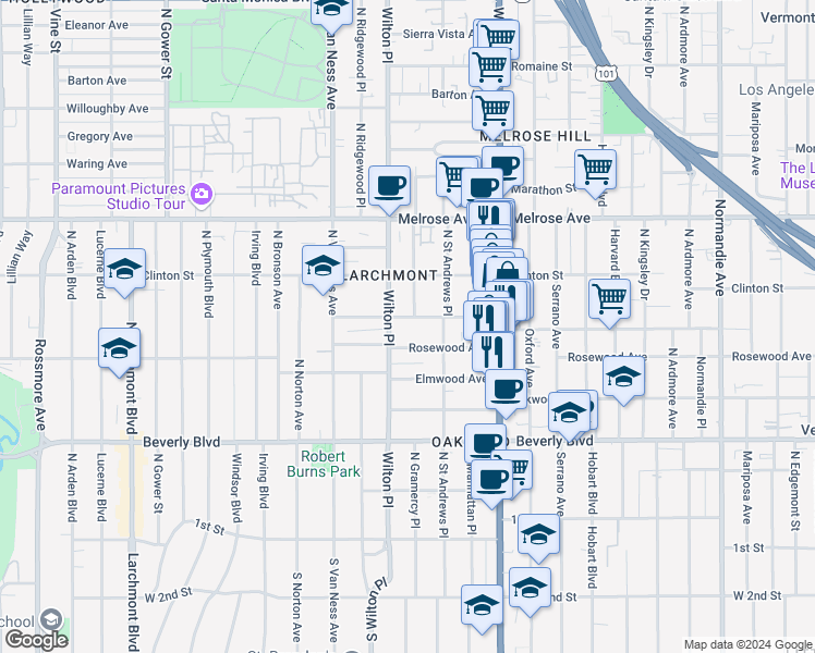 map of restaurants, bars, coffee shops, grocery stores, and more near 5044 West Maplewood Avenue in Los Angeles