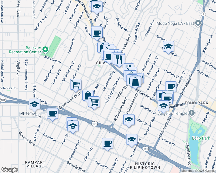 map of restaurants, bars, coffee shops, grocery stores, and more near 2827 Marathon Street in Los Angeles