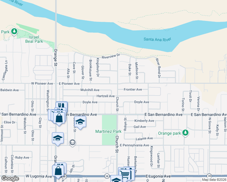 map of restaurants, bars, coffee shops, grocery stores, and more near 757 Mulvihill Avenue in Redlands