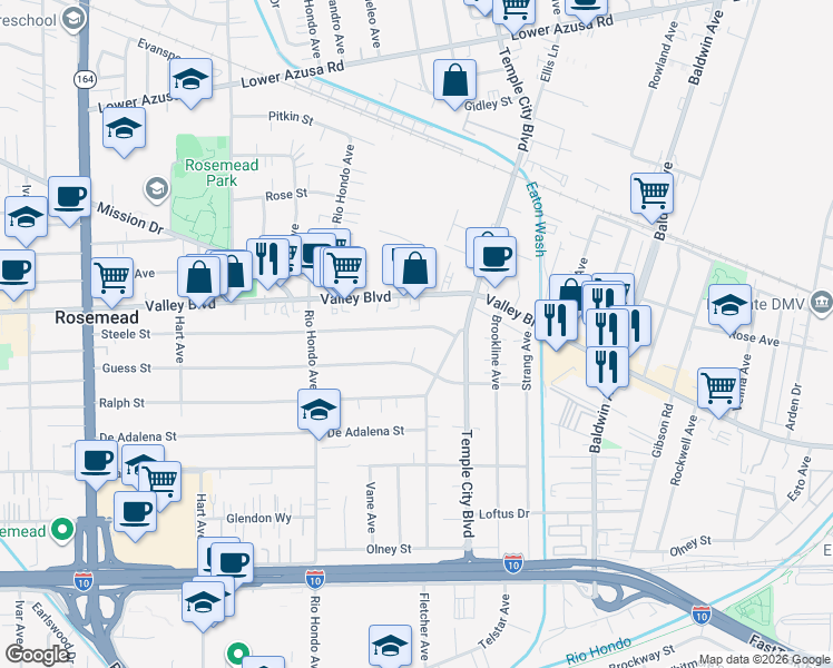 map of restaurants, bars, coffee shops, grocery stores, and more near 9550 Steele Street in Rosemead