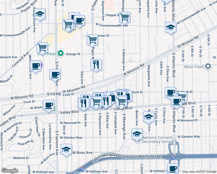 map of restaurants, bars, coffee shops, grocery stores, and more near 1100 South Ethel Avenue in Alhambra