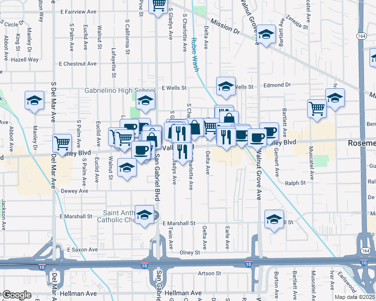 map of restaurants, bars, coffee shops, grocery stores, and more near 860 East Valley Boulevard in San Gabriel