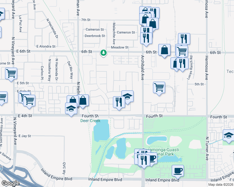 map of restaurants, bars, coffee shops, grocery stores, and more near 9539 Brook Drive in Rancho Cucamonga