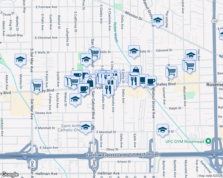 map of restaurants, bars, coffee shops, grocery stores, and more near 8310 East Valley Boulevard in San Gabriel