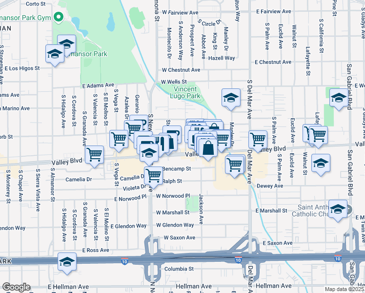 map of restaurants, bars, coffee shops, grocery stores, and more near 1551 Prospect Avenue in San Gabriel