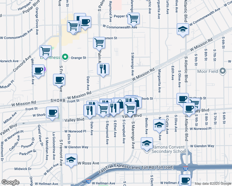 map of restaurants, bars, coffee shops, grocery stores, and more near 1100 South Ethel Avenue in Alhambra