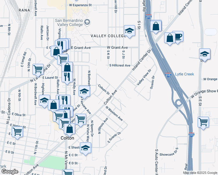 map of restaurants, bars, coffee shops, grocery stores, and more near 1460 North Wildwood Street in Colton