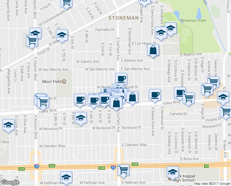 map of restaurants, bars, coffee shops, grocery stores, and more near 1217 South Garfield Avenue in Alhambra