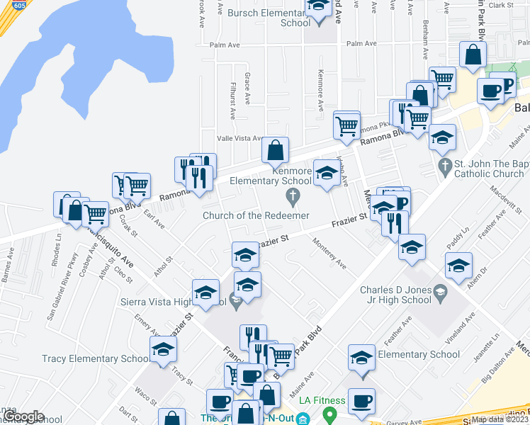 map of restaurants, bars, coffee shops, grocery stores, and more near 3748 Grace Avenue in Baldwin Park