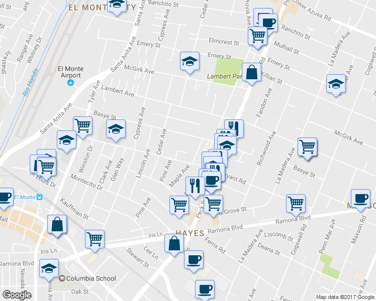 map of restaurants, bars, coffee shops, grocery stores, and more near 11437 Kerrwood Street in El Monte