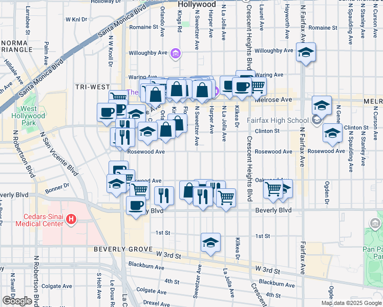 map of restaurants, bars, coffee shops, grocery stores, and more near 468 North Flores Street in Los Angeles
