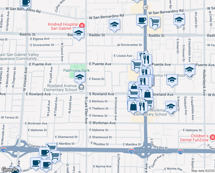 map of restaurants, bars, coffee shops, grocery stores, and more near 528 North Butterfield Road in West Covina