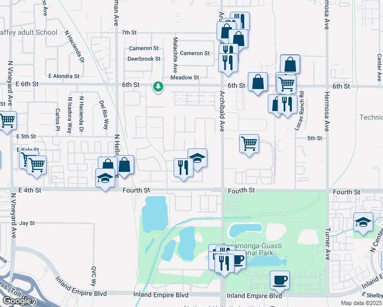 map of restaurants, bars, coffee shops, grocery stores, and more near 9585 Brook Drive in Rancho Cucamonga