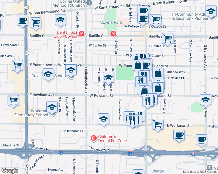 map of restaurants, bars, coffee shops, grocery stores, and more near 541 South Aldenville Avenue in Covina