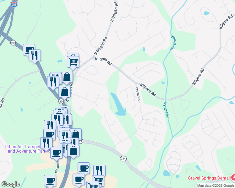 map of restaurants, bars, coffee shops, grocery stores, and more near 3733 Fallen Oak Drive in Buford