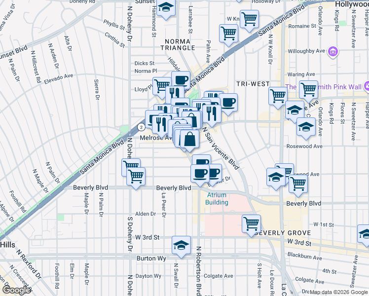 map of restaurants, bars, coffee shops, grocery stores, and more near N Robertson Blvd & Rangely Ave in Los Angeles