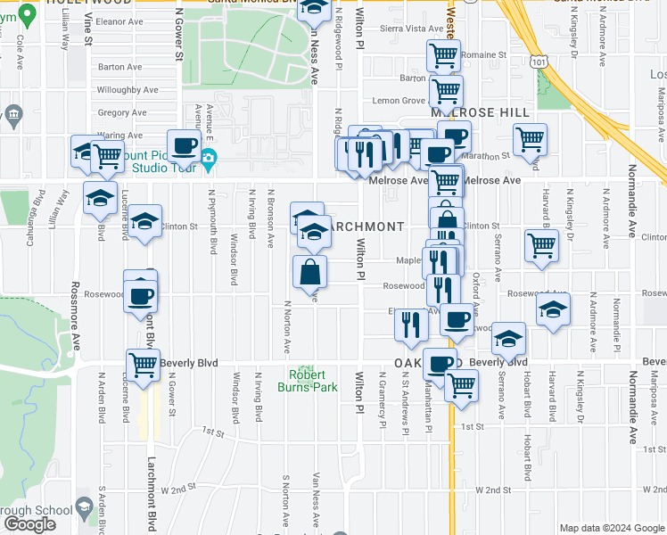 map of restaurants, bars, coffee shops, grocery stores, and more near 5132 Maplewood Avenue in Los Angeles