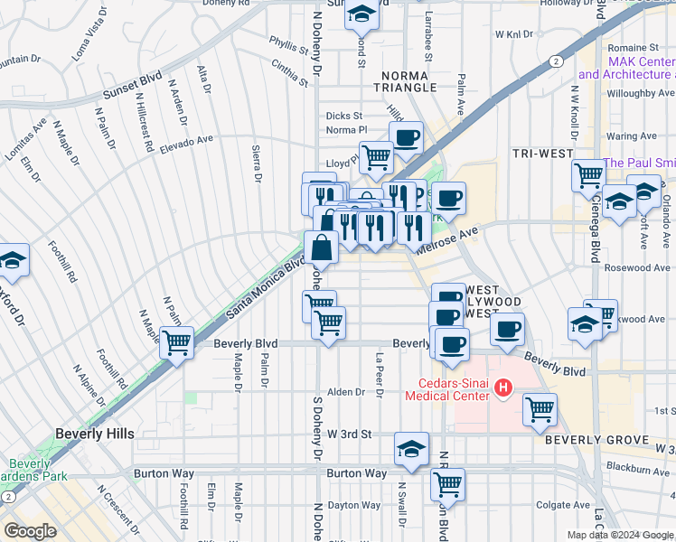 map of restaurants, bars, coffee shops, grocery stores, and more near 9029 Rangely Avenue in West Hollywood