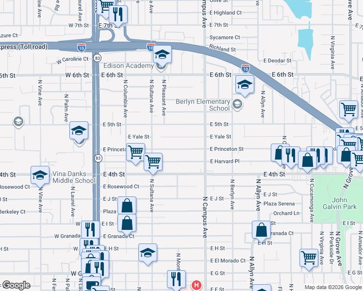 map of restaurants, bars, coffee shops, grocery stores, and more near 609 E Princeton St in Ontario