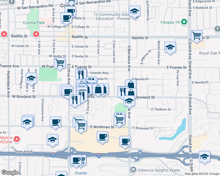 map of restaurants, bars, coffee shops, grocery stores, and more near 530 Stewart Drive in Covina