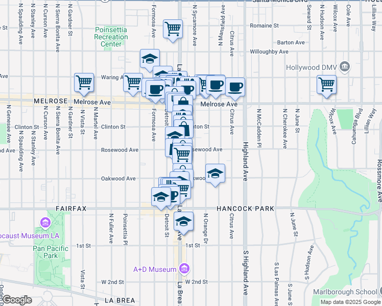 map of restaurants, bars, coffee shops, grocery stores, and more near 455 North Sycamore Avenue in Los Angeles