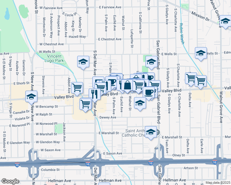 map of restaurants, bars, coffee shops, grocery stores, and more near 309E East Valley Boulevard in San Gabriel