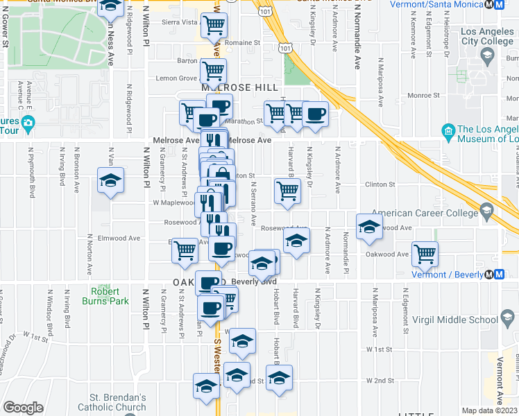 map of restaurants, bars, coffee shops, grocery stores, and more near 502 North Serrano Avenue in Los Angeles