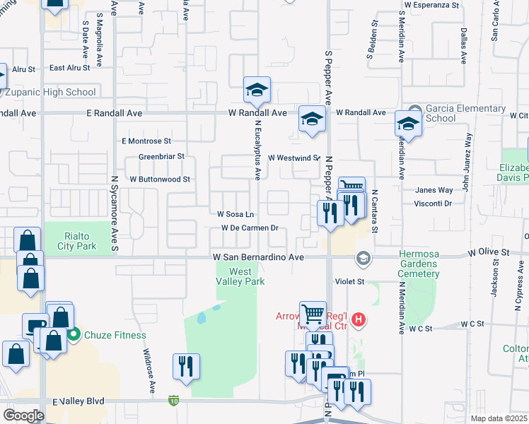 map of restaurants, bars, coffee shops, grocery stores, and more near 1149 Runaway Circle in Colton