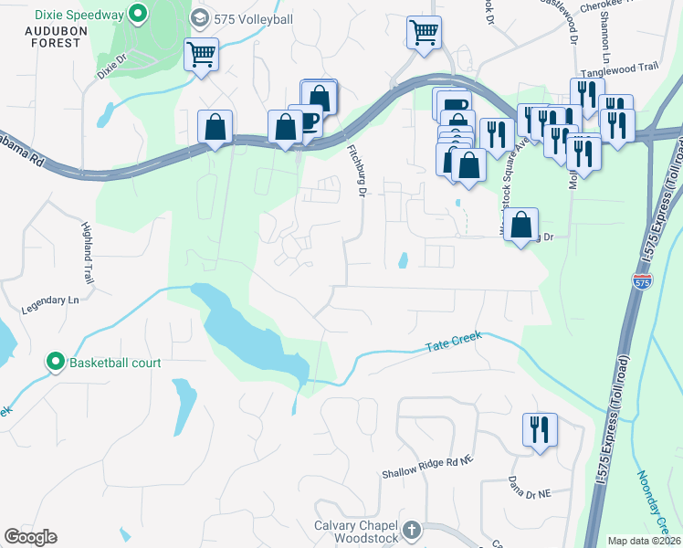 map of restaurants, bars, coffee shops, grocery stores, and more near 324 London Dale in Woodstock