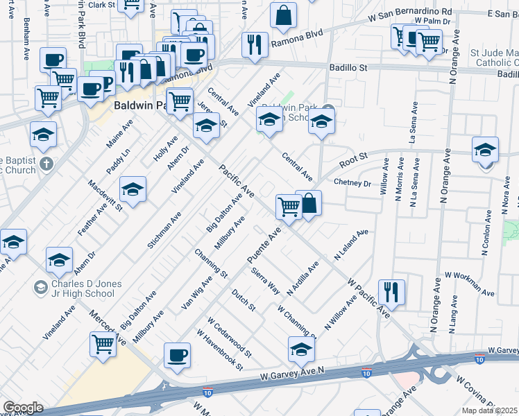 map of restaurants, bars, coffee shops, grocery stores, and more near 14842 Pacific Avenue in Baldwin Park