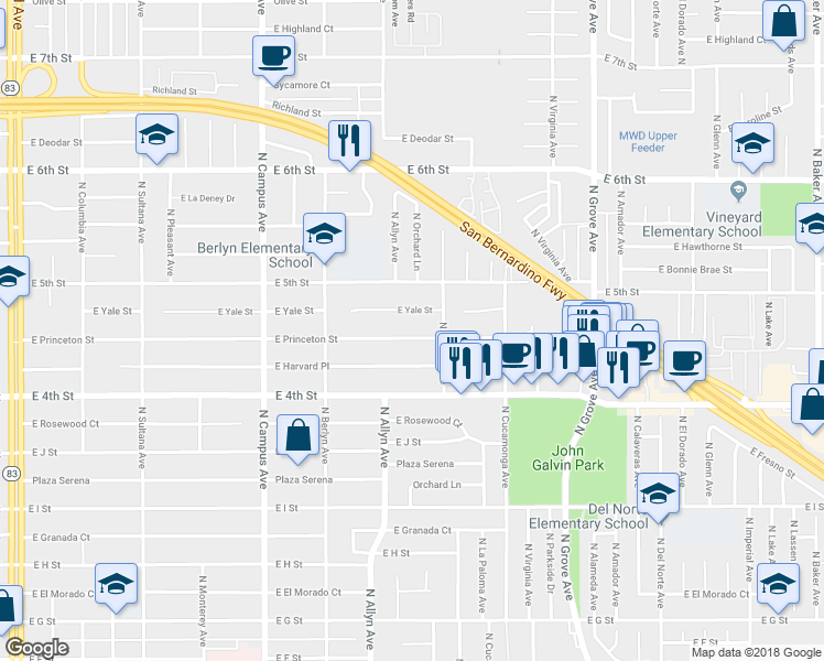 map of restaurants, bars, coffee shops, grocery stores, and more near 931 East Princeton Street in Ontario