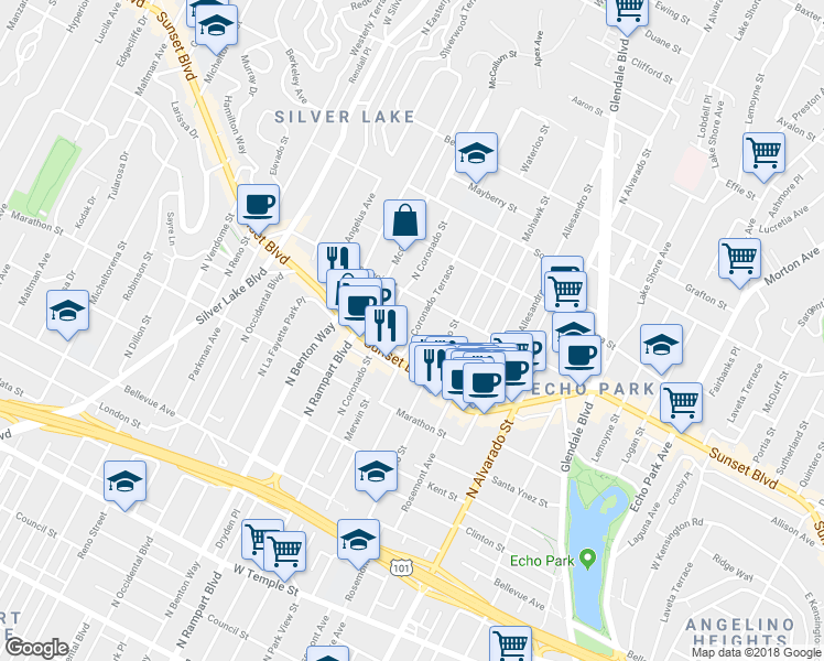 map of restaurants, bars, coffee shops, grocery stores, and more near 1133 Coronado Terrace in Los Angeles