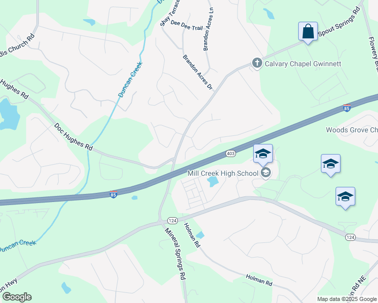 map of restaurants, bars, coffee shops, grocery stores, and more near 4271 Haywater Cove in Buford
