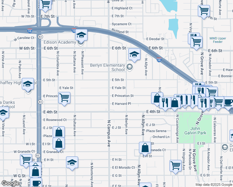 map of restaurants, bars, coffee shops, grocery stores, and more near 729 East Princeton Street in Ontario