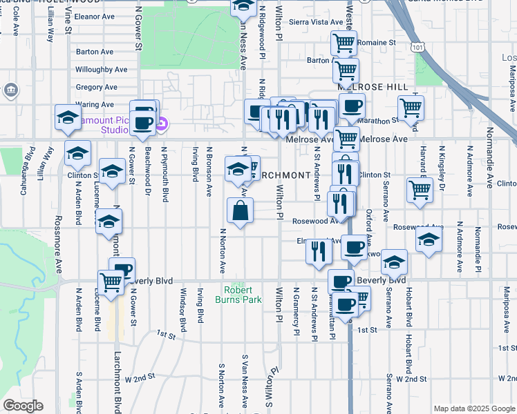 map of restaurants, bars, coffee shops, grocery stores, and more near 5132 West Maplewood Avenue in Los Angeles