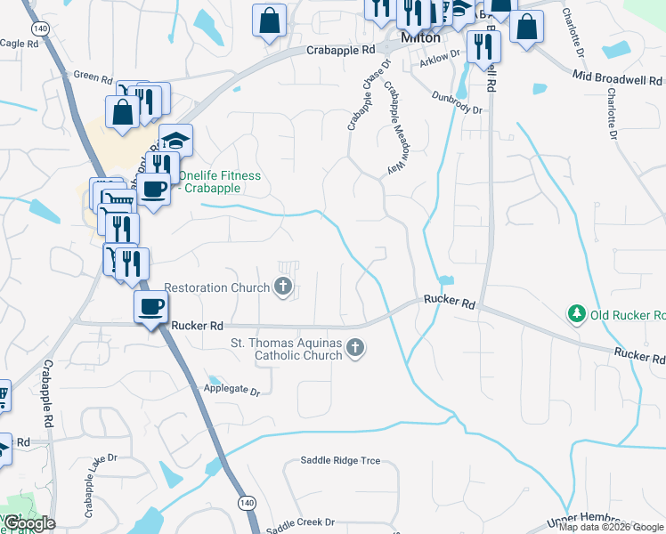 map of restaurants, bars, coffee shops, grocery stores, and more near 12205 Spring Place Lane in Alpharetta