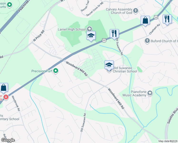 map of restaurants, bars, coffee shops, grocery stores, and more near 4185 Woodward Mill Road in Buford