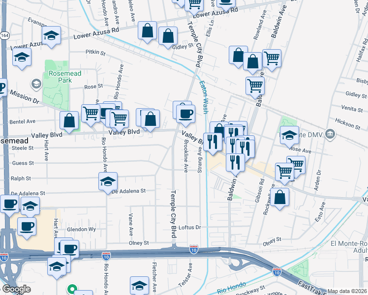 map of restaurants, bars, coffee shops, grocery stores, and more near 3857 Brookline Avenue in Rosemead