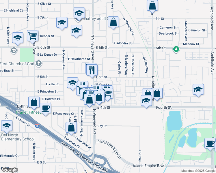 map of restaurants, bars, coffee shops, grocery stores, and more near 2002 East Yale Street in Ontario