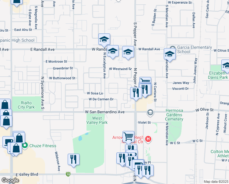 map of restaurants, bars, coffee shops, grocery stores, and more near 1839 Runaway Circle in Colton